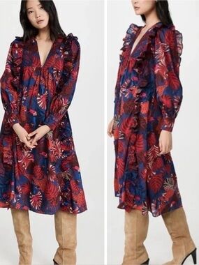FARM RIO Animals Tapestry Red & Blue Long Sleeve Ruffle Midi Dress